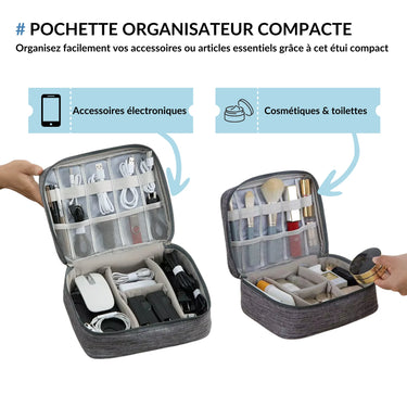 Pochette organisateur compacte illustrant son double usage pour ranger des accessoires électroniques d'un cÎté et des cosmétiques ou articles de toilette de l'autre. Idéale pour le voyage et l'organisation.